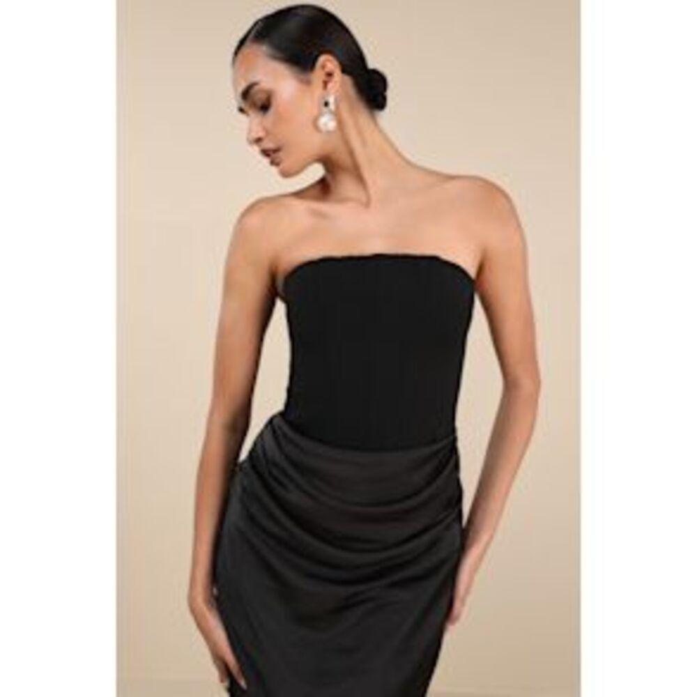Lulu's Strapless Black Draped Midi Dress
